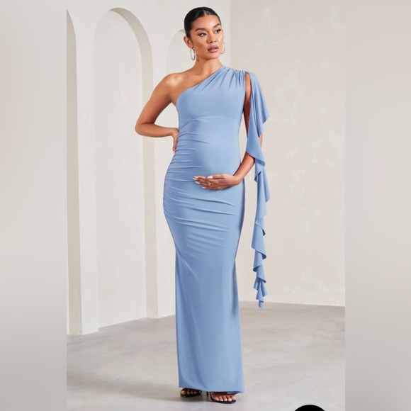 Cornflower Blue One-Shoulder Maternity Maxi Dress With Ruffles - Picture 2 of 6